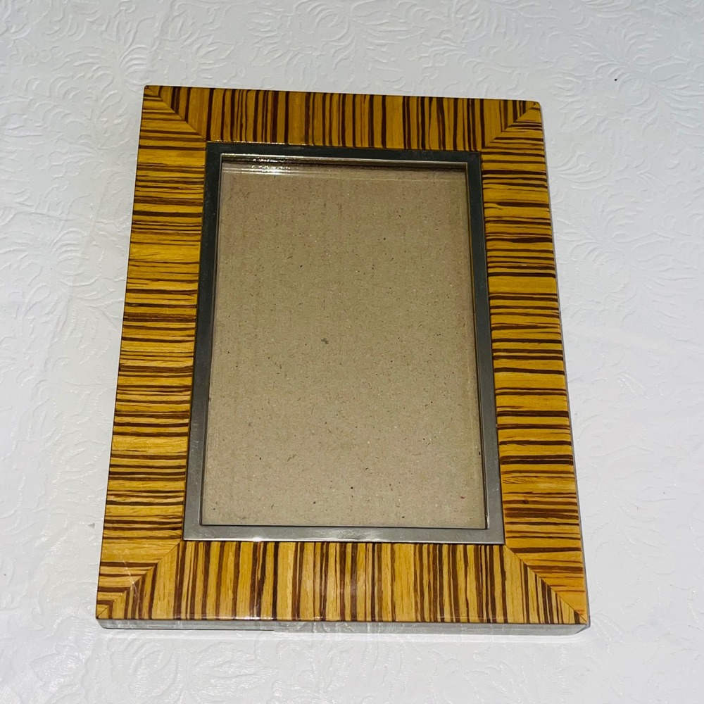 Pottery Barn Home 4x6 Picture Frame Brown Zebrawood Stripe Silver Trim Decor